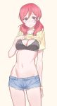  black_bra blush bra cowboy_shot cutoffs denim denim_shorts hair_between_eyes highres looking_at_viewer love_live! love_live!_school_idol_project midriff navel nishikino_maki redhead shirt_lift short_shorts shorts simple_background underwear violet_eyes wristband yellow_background yohan1754 