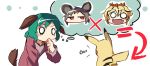  3girls blonde_hair commentary crossover directional_arrow finger_to_mouth green_hair grey_hair kapiten70 kasodani_kyouko multiple_girls nazrin pikachu pokemon tail thinking thought_bubble toramaru_shou touhou 