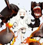  1girl absurdres ahoge black_panties commentary_request covering_mouth dingding_tu dress enemy_aircraft_(kantai_collection) highres horns kantai_collection long_hair looking_at_viewer machinery mittens northern_ocean_hime orange_eyes panties pantyshot pantyshot_(standing) shinkaisei-kan standing turret underwear white_dress white_hair white_skin 
