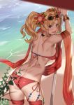  1girl :d ass back beach bikini blonde_hair blue_eyes blush bracelet butt_crack deras flower glasses granblue_fantasy hair_flower hair_ornament jewelry long_hair looking_at_viewer looking_back ocean open_mouth parasol red_bikini smile solo sunglasses sunglasses_on_head swimsuit thigh-highs tied_hair twintails umbrella zeta_(granblue_fantasy) 