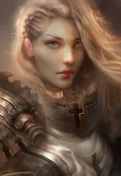  1girl armor blonde_hair blue_eyes braid crusader diablo_3 enshanlee gorget lips long_hair looking_at_viewer parted_lips pauldrons realistic solo wind 