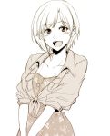  1girl aiba_yumi blush hagane_soushi idolmaster idolmaster_cinderella_girls jewelry looking_at_viewer monochrome necklace open_mouth short_hair simple_background smile solo 