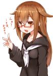  1girl absurdres black_serafuku brown_eyes brown_hair collarbone commentary_request drooling glasses hair_between_eyes hair_flaps highres kantai_collection long_hair looking_at_viewer mochizuki_(kantai_collection) okitsugu open_mouth school_uniform semi-rimless_glasses serafuku simple_background solo translation_request under-rim_glasses white_background 