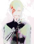  1boy blood fingerless_gloves gloves green_hair hair_over_one_eye half-closed_eyes looking_at_viewer male_focus nail_polish parted_lips personification red_nails rimasogebu simple_background solo touken_ranbu uguisumaru upper_body 