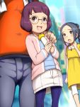  1boy 2girls blush braid building character_request child dress e10 eyebrows glasses hand_on_shoulder head_out_of_frame jacket long_hair misora_inaho multiple_girls open_mouth outdoors shiny shiny_hair short_hair skirt standing youkai_watch 