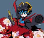 1girl autobot blue_eyes fan japanese_clothes kimono long_hair transformers windblade windblade_(transformers) 