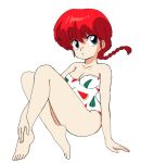  1girl bare_legs bare_shoulders barefoot braid cleavage cyocomi3 feet female full_body genderswap hands_on_feet looking_away official_style ranma-chan ranma_1/2 redhead saotome_ranma simple_background single_braid sitting solo swimsuit white_background 