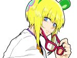  1boy androgynous aqua_hair bear_ears blonde_hair blue_eyes closed_mouth eyelashes fake_animal_ears from_side glasses irabu_ichirou kuuchuu_buranko labcoat looking_at_viewer male_focus multicolored_hair necktie simple_background solo togetsuhou upper_body white_background 