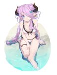  1girl aaa_(s-e-r-i) barefoot bikini blue_eyes blush breasts cleavage collarbone doraf double_bun earrings frilled_bikini frills granblue_fantasy hair_ornament hair_over_one_eye head_tilt highres horns jewelry long_hair looking_at_viewer narumeia_(granblue_fantasy) navel pointy_ears purple_hair sitting solo swimsuit very_long_hair water wet white_background white_bikini 