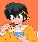  1boy bowl chopsticks closed_mouth cyocomi3 eating eyebrows eyebrows_visible_through_hair food food_on_face headband hibiki_ryouga holding holding_bowl male_focus official_style ranma_1/2 rice rice_bowl rice_on_face simple_background solo 