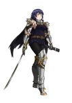  1girl armor blue_hair knight nahoyoshi scabbard sheath solo sword weapon yellow_eyes 
