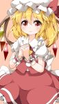  1girl ascot blonde_hair blush cowboy_shot crying crying_with_eyes_open crystal flandre_scarlet frilled_shirt_collar frills hands_clasped hat hat_ribbon highres looking_at_viewer mob_cap puffy_short_sleeves puffy_sleeves red_eyes red_ribbon red_shirt red_skirt ribbon ruu_(tksymkw) shirt short_sleeves side_ponytail skirt skirt_set solo tears touhou wings wrist_cuffs 