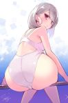  1girl ass aya-chan_(minoa) back blue_eyes blush breasts competition_swimsuit looking_at_viewer looking_back minoa_(lastswallow) one-piece_swimsuit original short_hair silver_hair sitting solo swimsuit violet_eyes 
