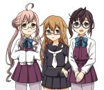  &gt;:( 3girls :d ahoge bow bowtie brown_eyes brown_hair commentary_request double_bun glasses green_eyes highres hoshino_banchou kantai_collection long_hair looking_at_viewer makigumo_(kantai_collection) mochizuki_(kantai_collection) multiple_girls okinami_(kantai_collection) one_side_up open_mouth pantyhose pink_hair pleated_skirt school_uniform serafuku skirt sleeves_past_wrists smile trait_connection twintails v_arms 