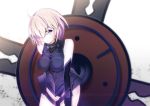  1girl ahoge armor bare_shoulders black_gloves blush bodysuit breasts closed_mouth cowboy_shot elbow_gloves fate/grand_order fate_(series) gloves hair_over_one_eye large_breasts looking_at_viewer pink_hair shield shielder_(fate/grand_order) short_hair sleeveless smile solo tetsu_(countryside) thighs violet_eyes 