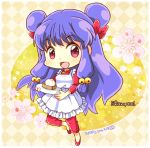  1girl bow chibi date female food full_body hair_ornament hiyopuko looking_at_viewer open_mouth pink_eyes purple_hair ranma_1/2 shampoo_(ranma_1/2) solo twintails 