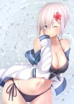  1girl ;) bikini black_bikini black_ribbon blue_eyes blush breasts cleavage collarbone cowboy_shot flower hair_flower hair_ornament hamakaze_(kantai_collection) hand_on_own_cheek highres kantai_collection large_breasts long_sleeves maosame navel no_pants off_shoulder one_eye_closed open_clothes open_shirt ribbon school_uniform serafuku shirt short_hair side-tie_bikini silver_hair sleeves_past_wrists smile solo sparkle standing stomach swimsuit water water_drop 
