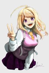  1girl :d ahoge akamatsu_kaede backpack bag bangs blonde_hair breasts commentary_request cowboy_shot dangan_ronpa_(series) dangan_ronpa_v3:_killing_harmony eighth_note eyebrows_visible_through_hair grey_background hair_ornament hand_up highres kitsunebi_v3kokonn large_breasts long_hair long_sleeves looking_at_viewer miniskirt musical_note musical_note_hair_ornament necktie open_mouth orange_neckwear pleated_skirt print_skirt purple_skirt shirt signature simple_background skirt smile solo sweater_vest upper_teeth v white_shirt 