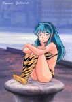  1girl bangs bare_shoulders bikini blue_eyes boots breasts copyright_name crossed_arms eyeshadow folded full_body green_hair highres horns knees_to_chest leg_hug legs_together long_hair looking_at_viewer lum makeup ocean oni parted_lips pointy_ears rock sitting solo swimsuit tiger_print urusei_yatsura 