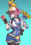  1girl bike_shorts black_gloves blue_eyes breasts cosplay dog female_protagonist_(pokemon_go) fingerless_gloves gloves hand_on_hip hat looking_at_viewer pikachu pikachu_(cosplay) pink_hair poke_ball pokemon pokemon_go ponytail yamashita_shun&#039;ya 