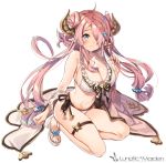  1girl ahoge ankle_ribbon bare_arms bikini blue_eyes breasts cleavage closed_mouth cloth doraf double_bun earrings frilled_bikini frills full_body glint granblue_fantasy hair_ornament hair_over_one_eye hairclip harunoibuki high_heels holding holding_hair horns jewelry large_breasts lavender_hair long_hair narumeia_(granblue_fantasy) one_eye_covered pointy_ears purple_hair ribbon shade shoes side-tie_bikini sideboob simple_background single_earring smile solo stomach swimsuit text white_background white_bikini white_shoes 