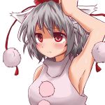  1girl animal_ears bare_shoulders blush detached_sleeves hat inubashiri_momiji looking_up pom_pom_(clothes) red_eyes short_hair silver_hair simple_background solo sweat tokin_hat touhou white_background wolf_ears yasui_nori 