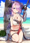  1girl :p beach between_breasts between_legs bikini blush breasts cleavage doraf food fruit granblue_fantasy highres horns kasappi katana large_breasts lavender_hair long_hair looking_at_viewer narumeia_(granblue_fantasy) navel ocean pointy_ears sandals solo swimsuit sword tongue tongue_out twintails violet_eyes watermelon weapon white_bikini 