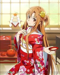  1girl alcohol asuna_(sao) brown_eyes brown_hair flower hair_flower hair_ornament indoors japanese_clothes kimono long_hair sake smile solo sword_art_online watermark yellow_flower yukata 