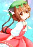  1girl absurdres animal_ears bow bowtie brown_eyes brown_hair cat_ears cat_tail chen hat highres looking_at_viewer mob_cap multiple_tails parted_lips short_hair solo tail touhou uru_(uru0301) 