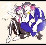  1boy 1girl ;) backwards_hat bangs baseball_cap black_hair black_legwear black_skirt blunt_bangs braid dangan_ronpa double_bun earrings hand_on_own_cheek hat indian_style jumpsuit long_hair meiji_(pecosyr5) mioda_ibuki multicolored_hair necktie open_mouth piercing pink_eyes pink_hair pink_necktie pleated_skirt purple_hair sharp_teeth shoes side_braid sitting skirt sleeves_rolled_up smile sneakers souda_kazuichi streaked_hair super_dangan_ronpa_2 thighhighs white_hair white_shirt wink wristband 