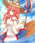  1girl animal_ears breasts closed_umbrella fate/extra fate/grand_order fate_(series) fox_ears fox_tail hat highres parasol pink_hair ririku shirt solo tail tamamo_(fate)_(all) tamamo_no_mae_(swimsuit_lancer)_(fate) umbrella water white_shirt yellow_eyes 