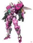  absurdres arm_cannon artist_name d.va_(overwatch) full_body gatling_gun gun highres mecha meka_(overwatch) no_humans overwatch solo standing thrusters weapon white_background yang-do 