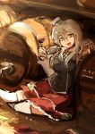  1girl alcohol artist_name barrel breasts brown_eyes brown_hair cup dated drinking_glass hat kantai_collection lansane long_hair mini_hat open_mouth pola_(kantai_collection) red_skirt sitting_on_floor skirt smile solo thigh-highs wavy_hair white_legwear wine wine_glass 