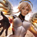  1girl black_gloves blonde_hair blue_eyes bodysuit breastplate breasts dcwj gloves highres large_breasts lipstick long_sleeves looking_at_viewer makeup mercy_(overwatch) overwatch parted_lips ponytail reaching reaching_out skin_tight solo spread_wings turtleneck upper_body wings 