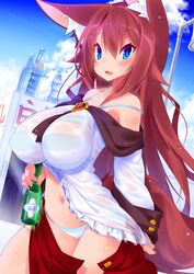  1girl animal_ears bare_shoulders bikini bikini_under_clothes blue_eyes blush bottle breasts brooch brown_hair clouds fang highres imaizumi_kagerou jewelry koha large_breasts long_hair looking_at_viewer navel off_shoulder open_clothes open_mouth see-through skirt skirt_pull sky smile solo strap_slip striped striped_bikini swimsuit tail touhou wet wolf_ears wolf_tail 