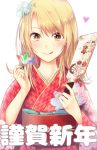  1girl blonde_hair brown_eyes hair_ornament holding isshiki_iroha japanese_clothes kimono long_hair looking_at_viewer shiro-jia smile solo tongue tongue_out yahari_ore_no_seishun_lovecome_wa_machigatteiru. yukata 