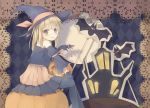  1girl :p bat black_background black_dress black_hat black_skirt blonde_hair blush candy candy_cane detached_sleeves dress food hat holding holding_food long_sleeves looking_at_viewer mansion moon original pantyhose skirt smile solo sutorora thigh-highs tongue tongue_out witch_hat yellow_eyes 