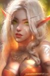  blonde_hair blood_elf breasts cleavage detached_collar elf enshanlee facial_mark green_eyes lips long_hair looking_at_viewer parted_lips pointy_ears realistic tattoo warcraft world_of_warcraft 