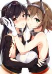  2girls 3: bare_shoulders black_gloves black_hair breast_press breasts brown_hair cheek-to-cheek collar commentary_request elbow_gloves embarrassed fingerless_gloves gloves green_eyes hairband hazuki_gyokuto headgear hug kantai_collection large_breasts long_hair looking_at_viewer multiple_girls mutsu_(kantai_collection) nagato_(kantai_collection) red_eyes short_hair smile symmetrical_docking white_gloves 