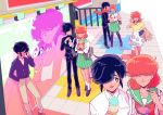  4boys 4girls billboard black_hair bottle bow brown_hair casual cellphone crepe food gakuran hair_over_one_eye ice_cream iyagatteru_kimi_ga_suki jacket multiple_boys multiple_girls multiple_persona oniyama831 ootsuki_makoto original phone pleated_skirt red_eyes ringed_eyes school_uniform serafuku shirakawa_mikoto simple_background skirt smartphone socks stairs water_bottle white_background 