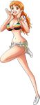  1girl bare_arms bare_legs bikini bikini_top bracelet breasts brown_eyes cleavage earrings female full_body jewelry large_breasts legs long_hair looking_at_viewer matching_hair/eyes midriff miniskirt multicolored multicolored_bikini multicolored_bikini_top nami_(one_piece) navel official_art one_leg_raised one_piece open_mouth orange_eyes orange_hair revealing_clothes running shoes shoulder_tattoo simple_background skirt slender_waist smile solo striped striped_bikini striped_bikini_top swimsuit tattoo transparent_background white_footwear white_shoes 