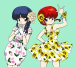 2girls back bare_shoulders braid cyocomi3 dress flower flower_ornament from_behind genderswap gloves hair_ornament light_smile looking_at_viewer looking_back multiple_girls official_style ranma-chan ranma_1/2 redhead saotome_ranma simple_background single_braid skirt sleeveless standing tendou_akane upper_body white_gloves 