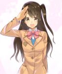  1girl black_hair brown_eyes hair_ornament idolmaster idolmaster_cinderella_girls isshiki_(ffmania7) long_hair looking_at_viewer open_mouth school_uniform shimamura_uzuki side_ponytail solo 