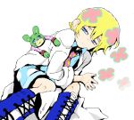  1boy androgynous bear blonde_hair boots child closed_mouth dutch_angle eyelashes half-closed_eyes irabu_ichirou jitome kuuchuu_buranko labcoat looking_at_viewer lying male_focus multicolored_hair necktie pink_hair polka_dot shorts simple_background solo togetsuhou white_background 