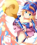  1girl bare_shoulders blonde_hair boots breasts dark_magician_girl duel_monster female gloves green_eyes hat long_hair magical_girl skirt smile solo wand wizard_hat yu-gi-oh! 