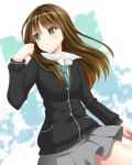  1girl blush brown_hair cardigan clouds green_eyes idolmaster idolmaster_cinderella_girls jude_(minority_lilac) long_hair looking_away necktie school_uniform shibuya_rin skirt wind 