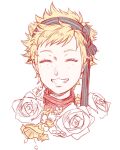  1girl ^_^ blonde_hair closed_eyes crimson_(fire_emblem_if) female fire_emblem fire_emblem_if flower freckles grin hairband happy lithety nintendo portrait short_hair simple_background smile solo white_background 