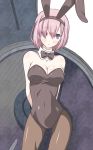  1girl animal_ears arms_behind_back bare_shoulders blue_eyes bow bowtie breasts bunnysuit cleavage detached_collar fate/grand_order fate_(series) pantyhose purple_hair rabbit_ears shield shielder_(fate/grand_order) solo tsukumo 