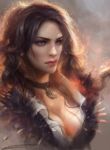  1girl blue_eyes breasts choker cleavage enshanlee feathers lips serious shirt solo the_witcher unbuttoned yennefer 