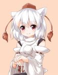  1girl animal_ears bare_shoulders blush detached_sleeves hat inubashiri_momiji long_sleeves looking_at_viewer red_eyes ribbon-trimmed_sleeves ribbon_trim ruu_(tksymkw) short_hair smile solo sword tokin_hat touhou upper_body weapon white_hair wide_sleeves wolf_ears 